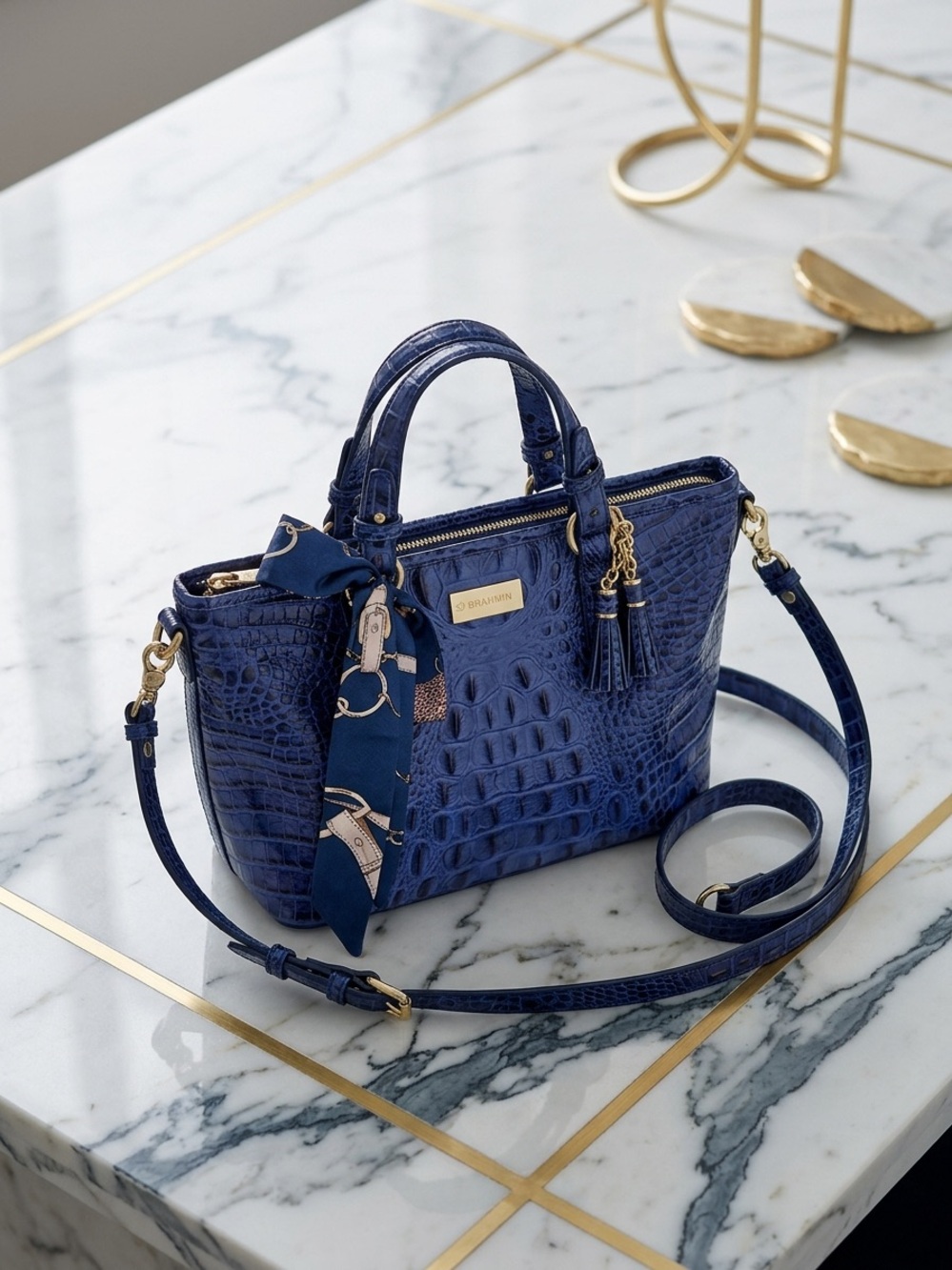 Brahmin Blue Croc-Embossed Satchel with Scarf Accent